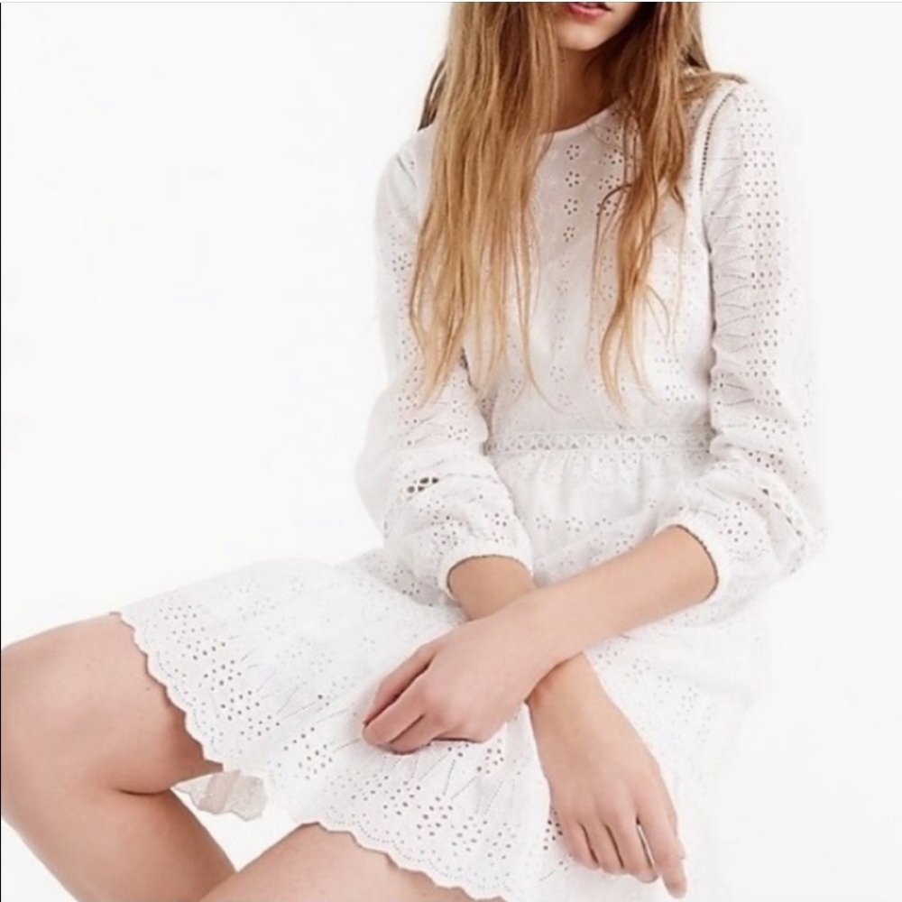 New J.Crew Eyelet Lace Puff Sleeve Tiered Knee Length Fit and Flare Dress 8 Tall